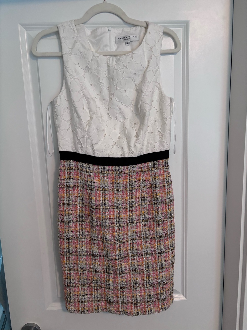 Trina Turk White Lace Bodice Multi-Color Tweed Sheath Dress